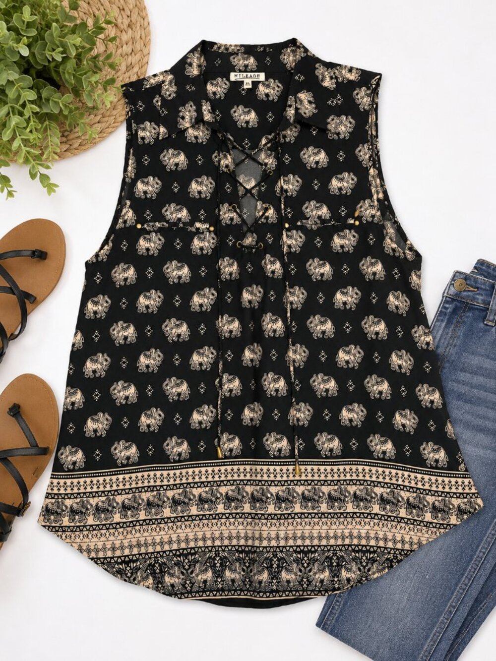 Mileage XL Elephant Print Lace-Up Sleeveless Boho Blouse Top